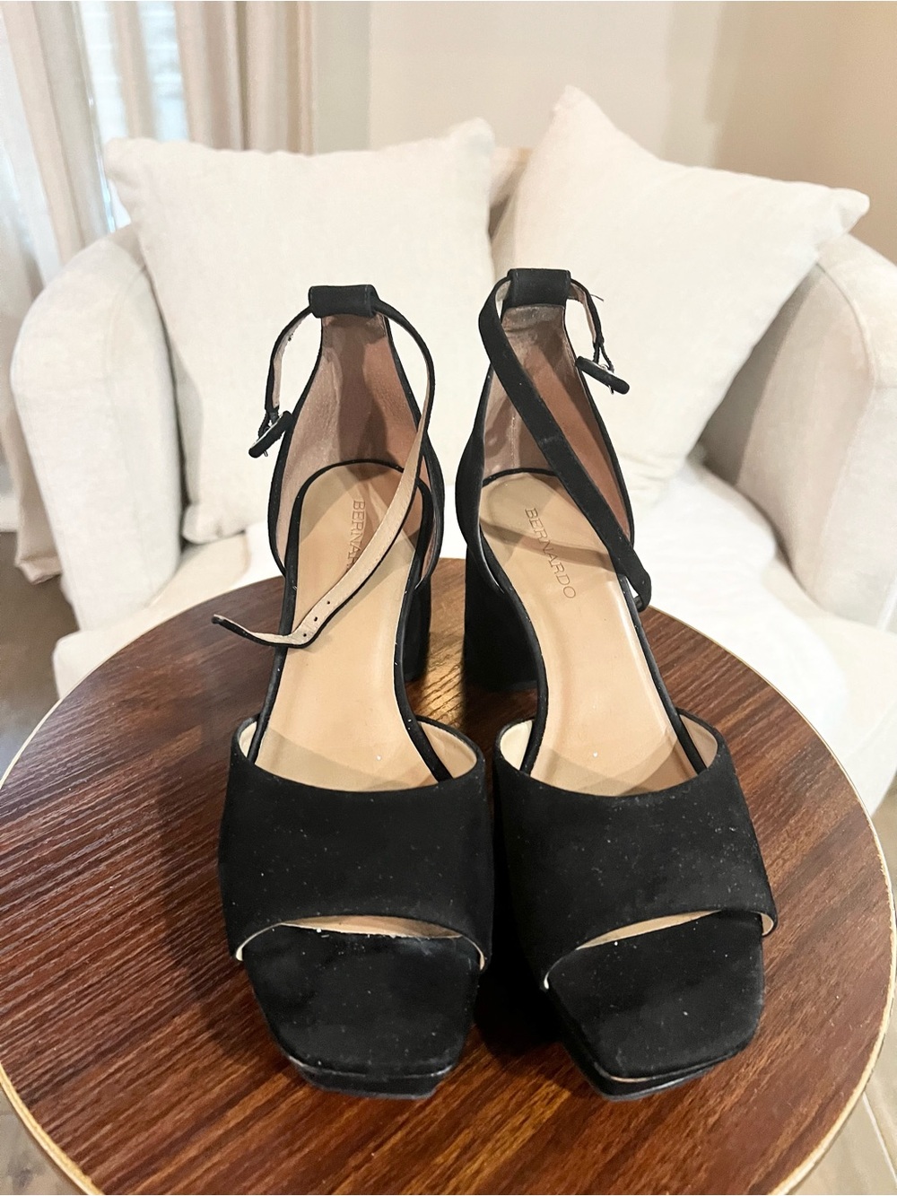 Bernardo Black Suede Platform Block Heel Ankle Strap Sandals